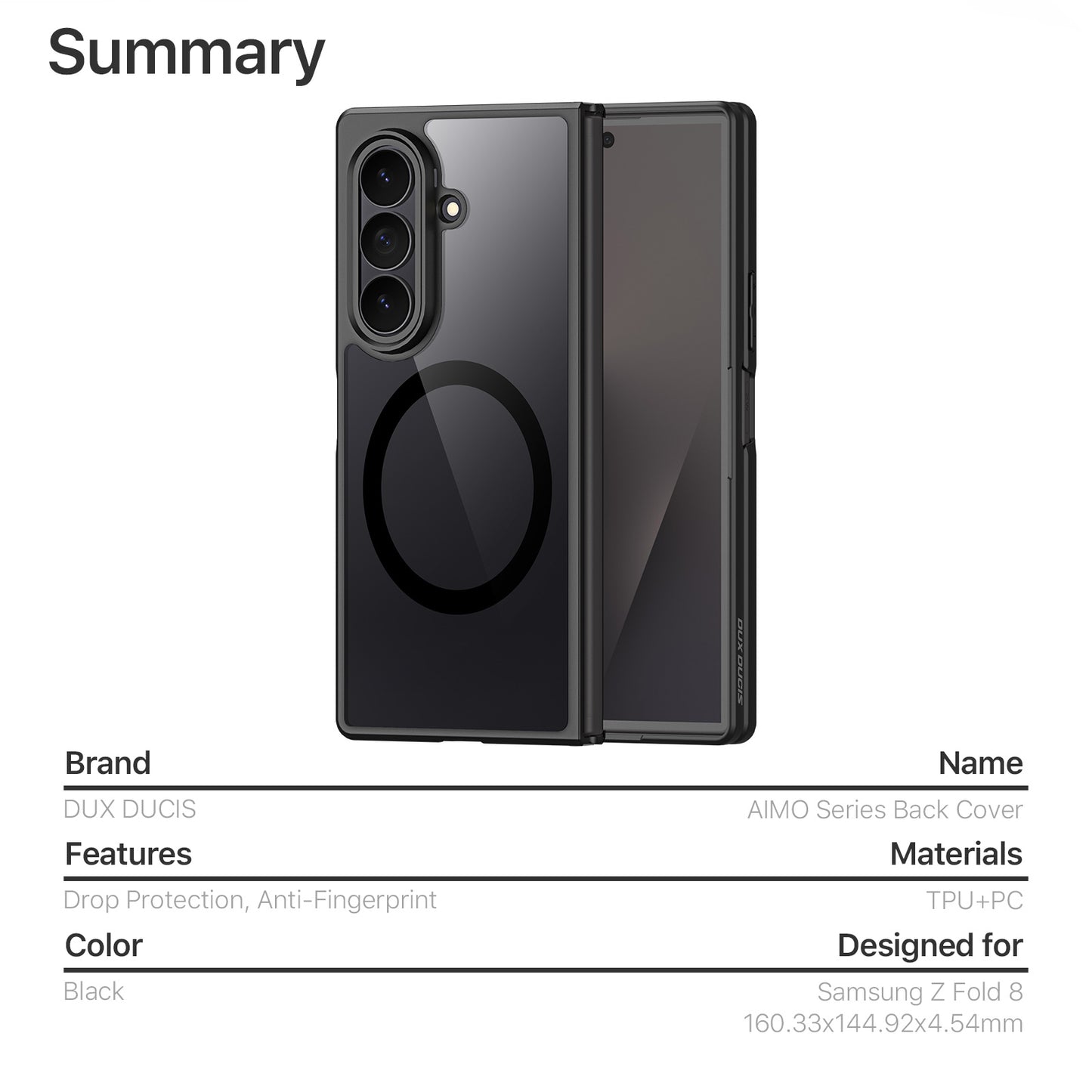 DUX DUCIS for Samsung Galaxy Z Fold8 Ultra / Z Fold7 5G Aimo Series Magnetic Case PC + TPU Clear Back Phone Cover (REACH Certification) - Black