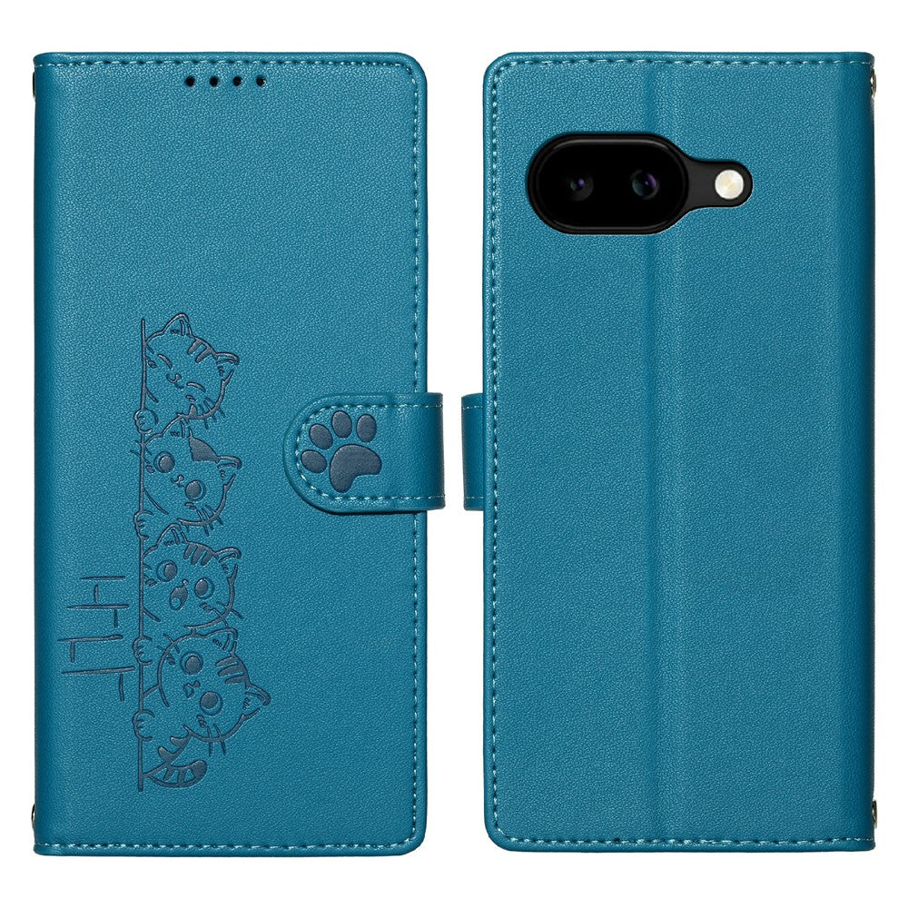 For Google Pixel 10a Case Adorable Cat Pattern PU Leather Wallet Phone Cover with Wrist Strap