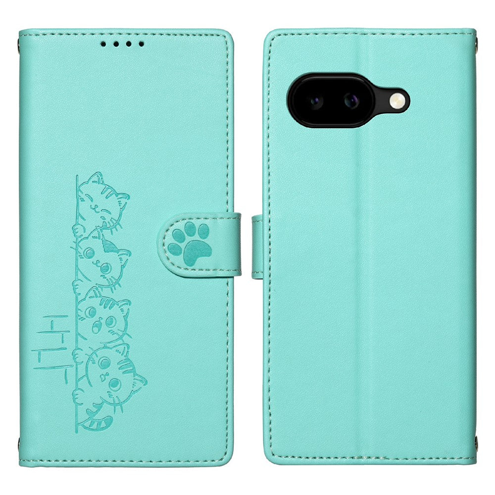 For Google Pixel 10a Case Adorable Cat Pattern PU Leather Wallet Phone Cover with Wrist Strap