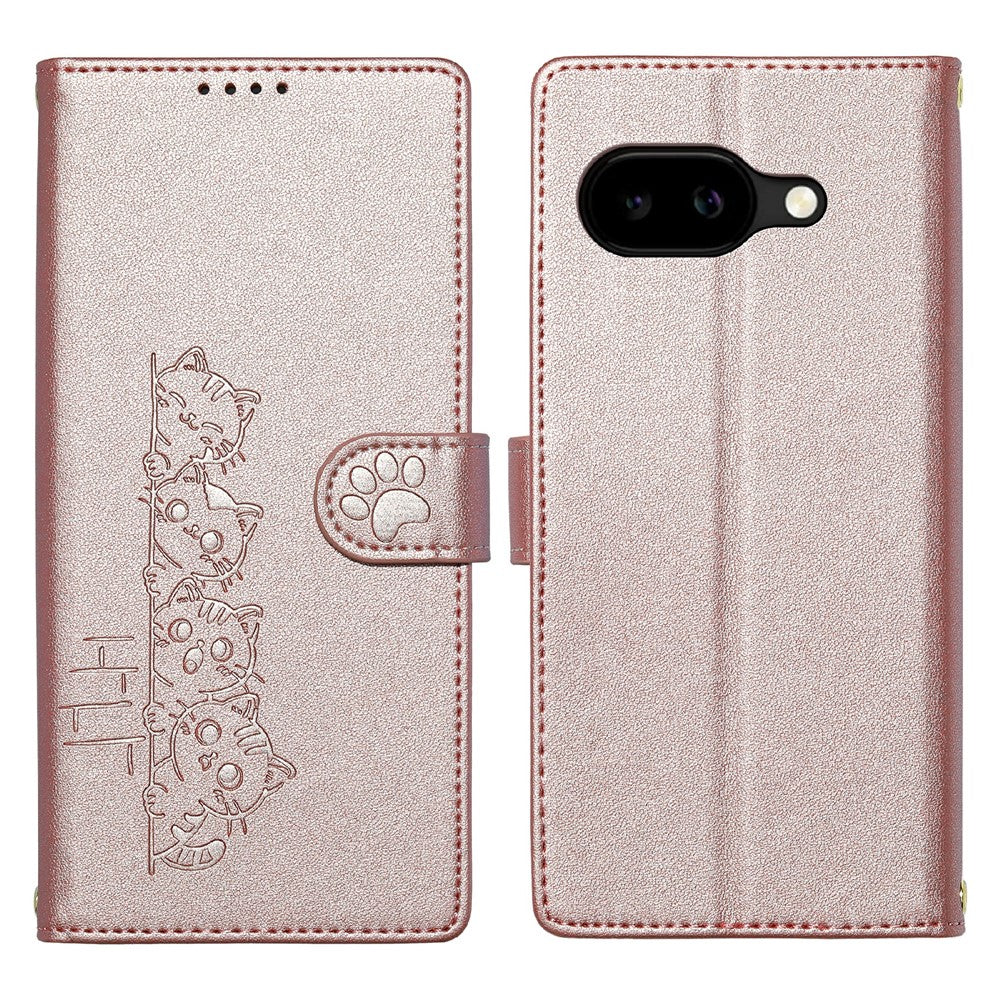 For Google Pixel 10a Case Adorable Cat Pattern PU Leather Wallet Phone Cover with Wrist Strap
