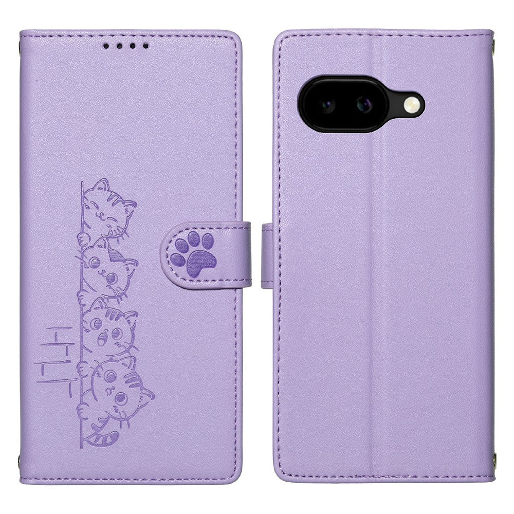 For Google Pixel 10a Case Adorable Cat Pattern PU Leather Wallet Phone Cover with Wrist Strap