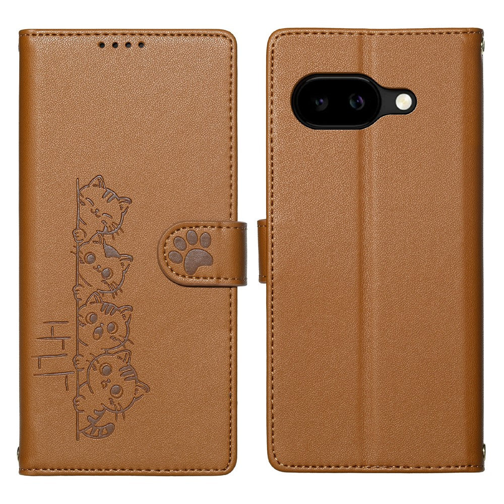 For Google Pixel 10a Case Adorable Cat Pattern PU Leather Wallet Phone Cover with Wrist Strap