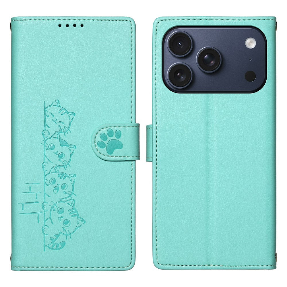 For iPhone 18 Pro / 17 Pro Case Adorable Cat Pattern PU Leather Wallet Phone Cover with Wrist Strap