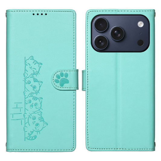 For iPhone 18 Pro / 17 Pro Case Adorable Cat Pattern PU Leather Wallet Phone Cover with Wrist Strap
