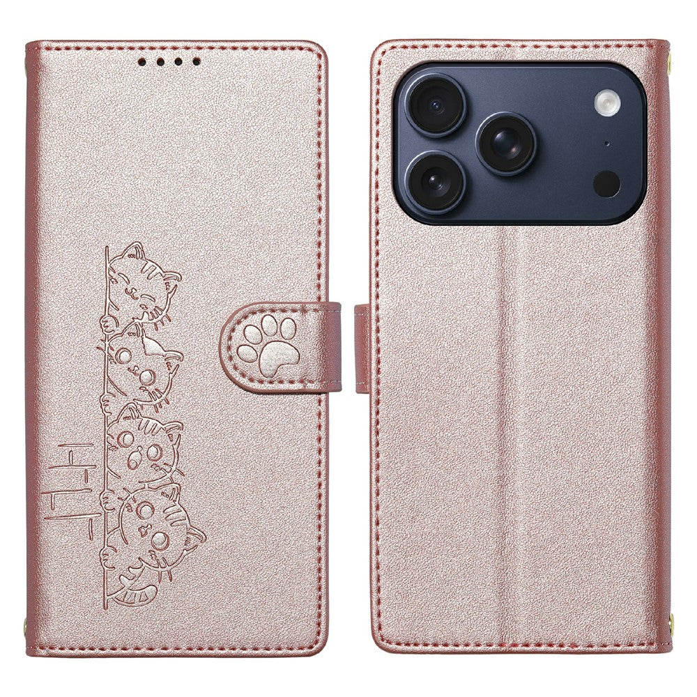 For iPhone 18 Pro / 17 Pro Case Adorable Cat Pattern PU Leather Wallet Phone Cover with Wrist Strap