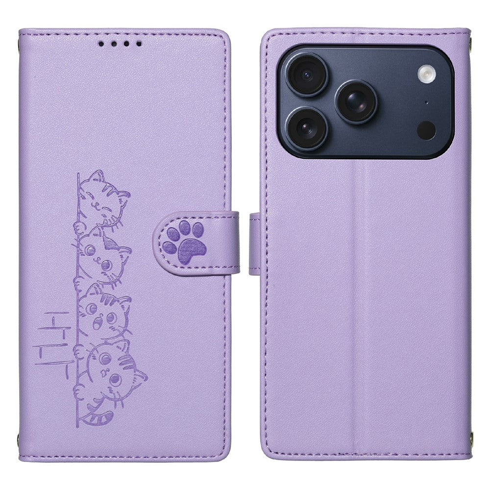 For iPhone 18 Pro / 17 Pro Case Adorable Cat Pattern PU Leather Wallet Phone Cover with Wrist Strap