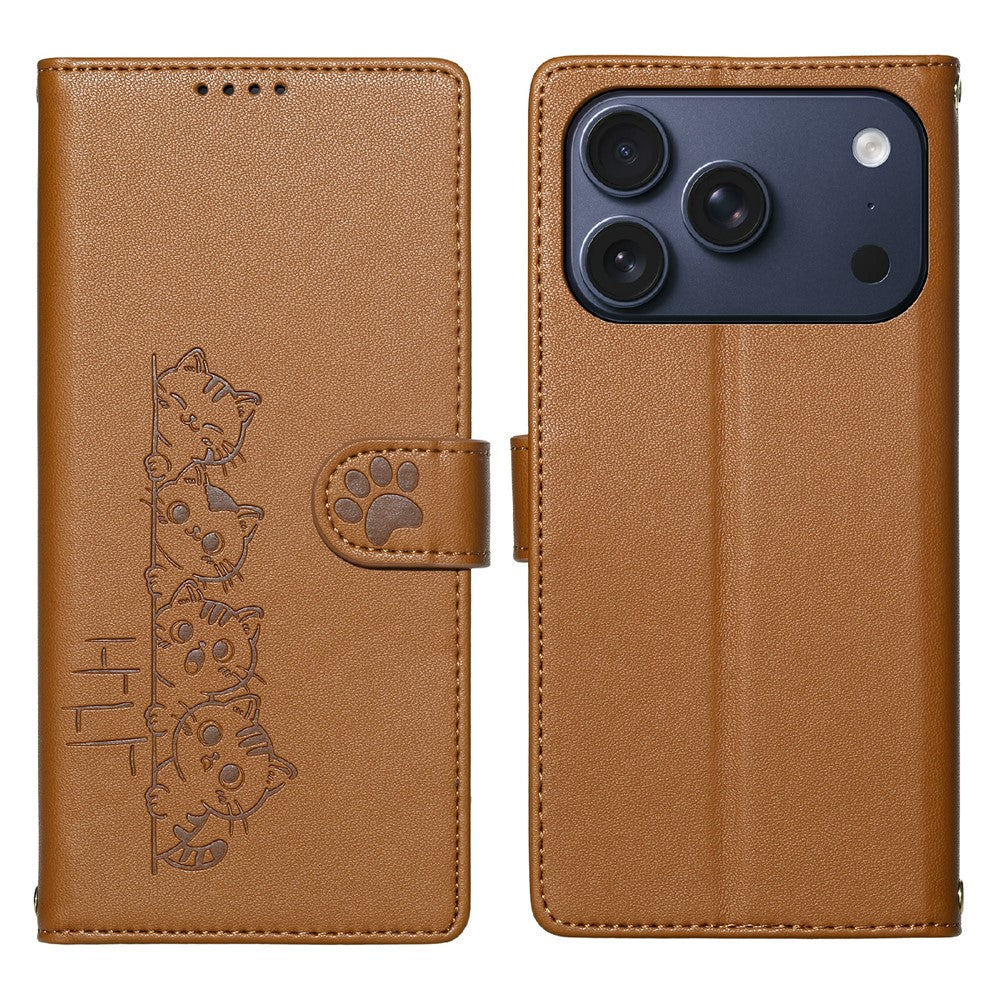 For iPhone 18 Pro / 17 Pro Case Adorable Cat Pattern PU Leather Wallet Phone Cover with Wrist Strap