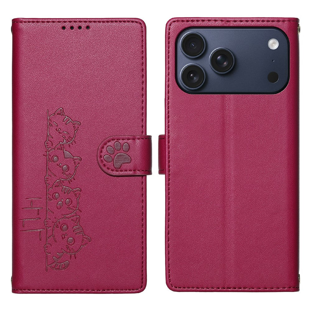 For iPhone 18 Pro Max / 17 Pro Max Case Adorable Cat Pattern PU Leather Wallet Phone Cover with Wrist Strap