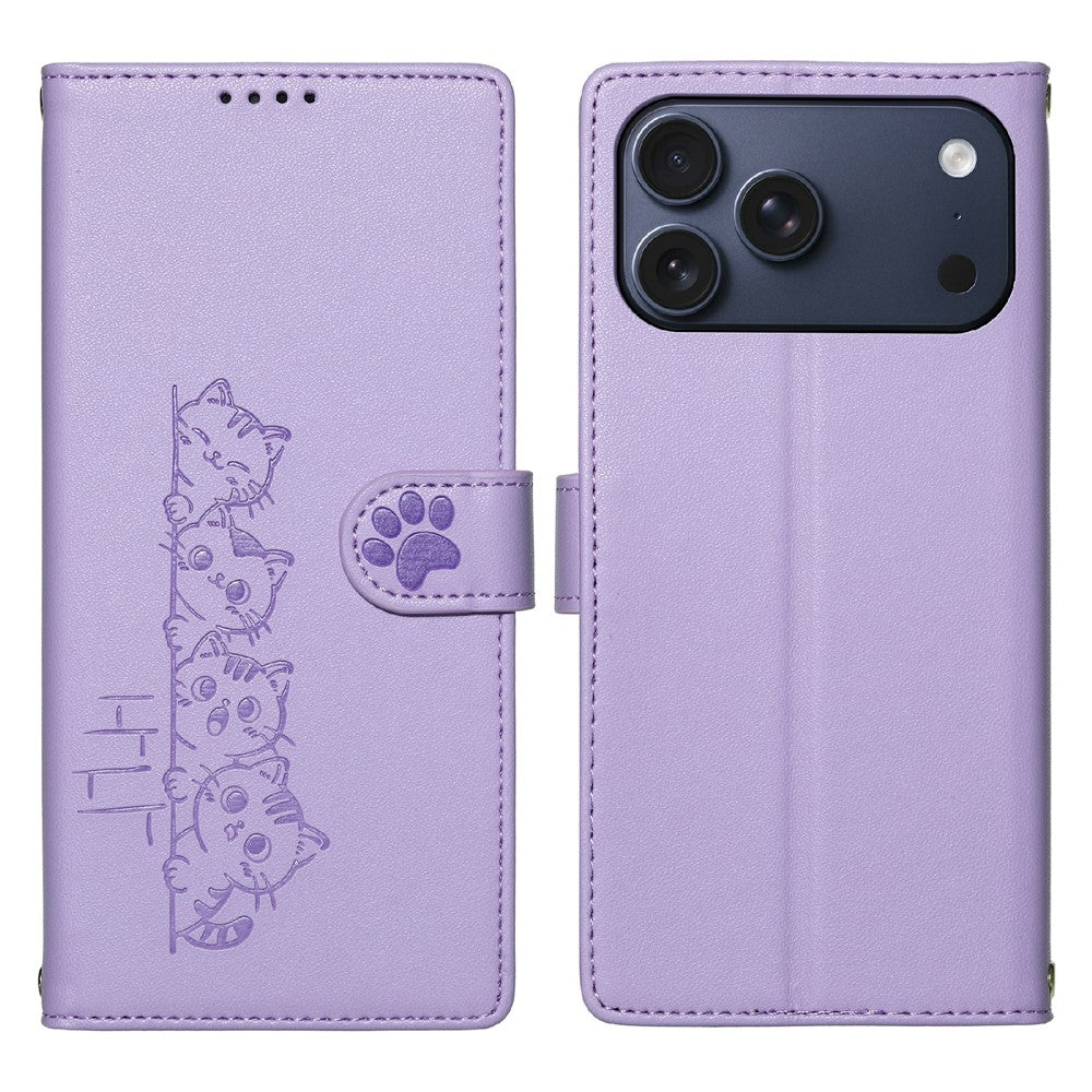 For iPhone 18 Pro Max / 17 Pro Max Case Adorable Cat Pattern PU Leather Wallet Phone Cover with Wrist Strap