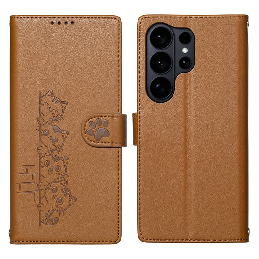 Galaxy S26 Ultra Handyhülle – Entzückendes Katzenmuster PU-Leder-Geldbörsen- mit Handschlaufe