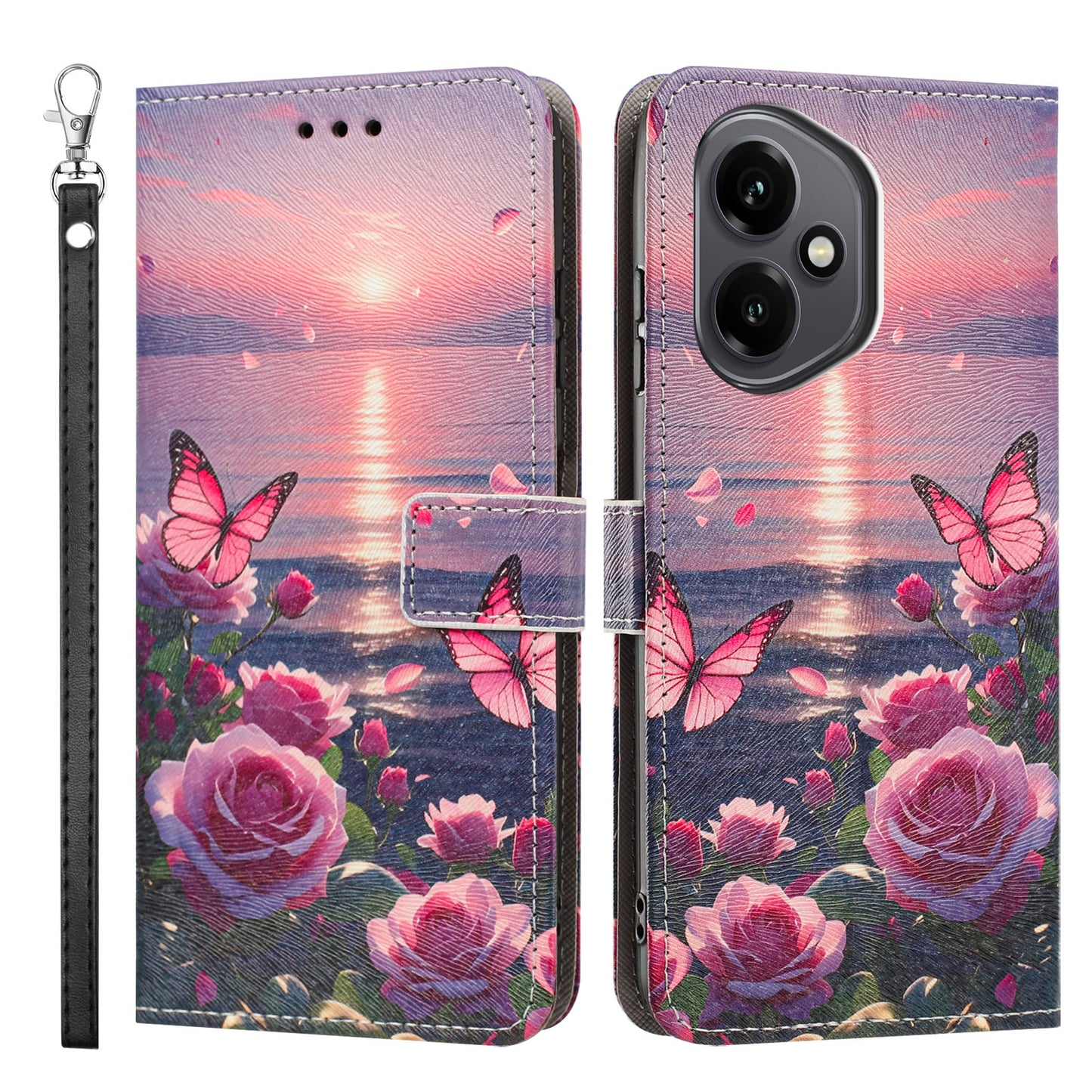 For Honor 400 5G (Global) Case Pattern Printing PU Leather Flip Wallet Phone Cover with Wrist Strap