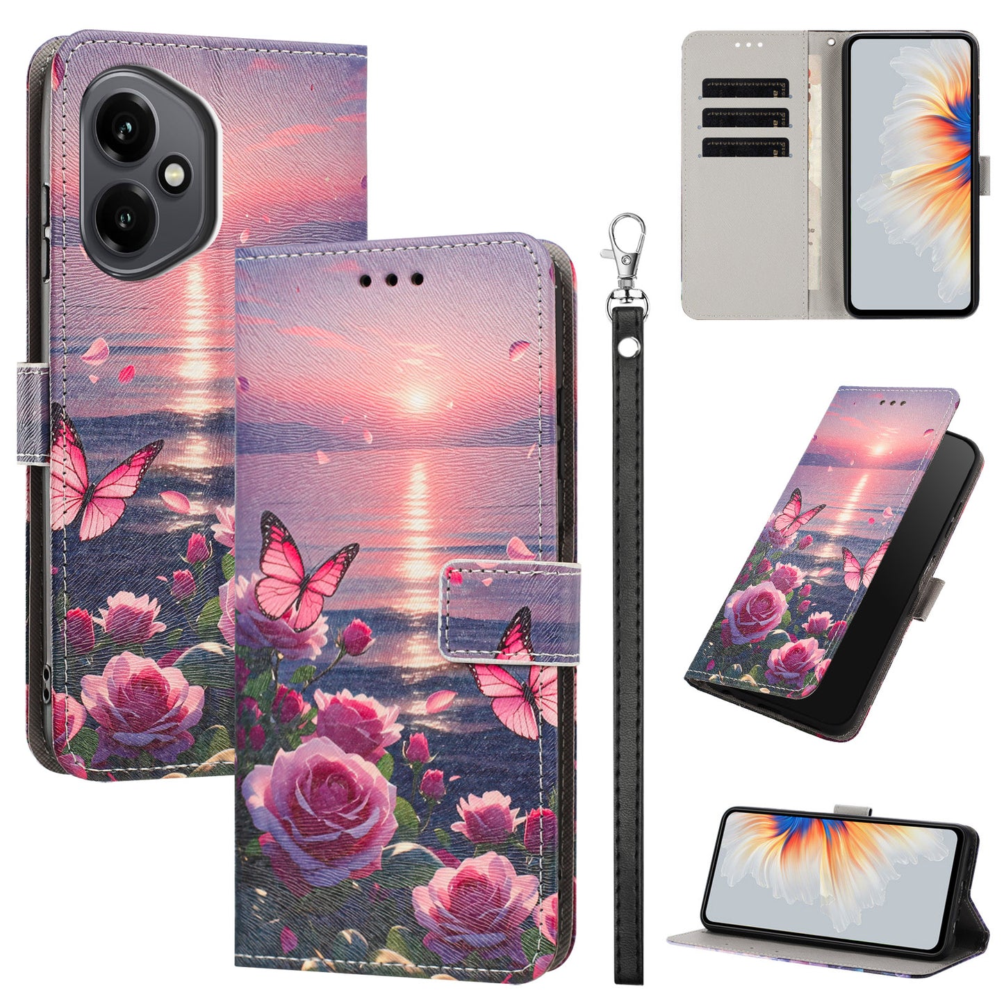 For Honor 400 5G (Global) Case Pattern Printing PU Leather Flip Wallet Phone Cover with Wrist Strap