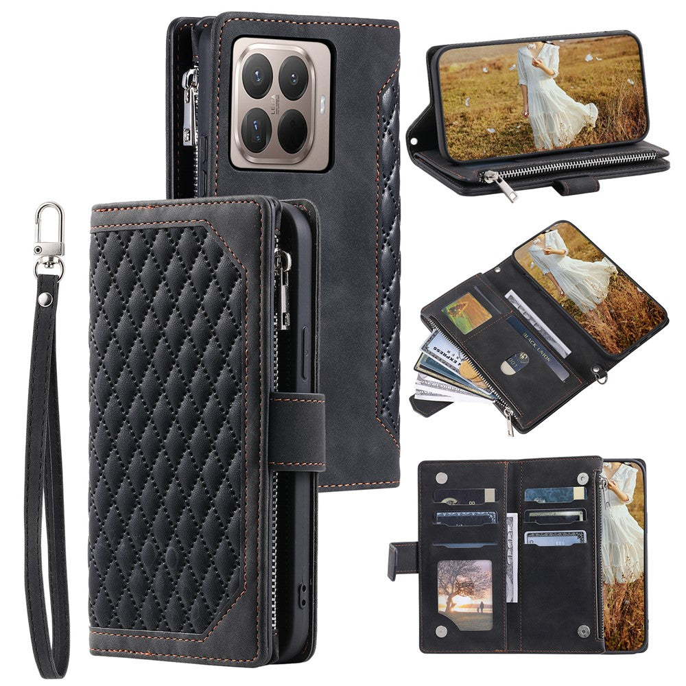 For Xiaomi 17T Wallet Case Rhombus Stitching Line PU Leather Phone Cover with Wrist Strap