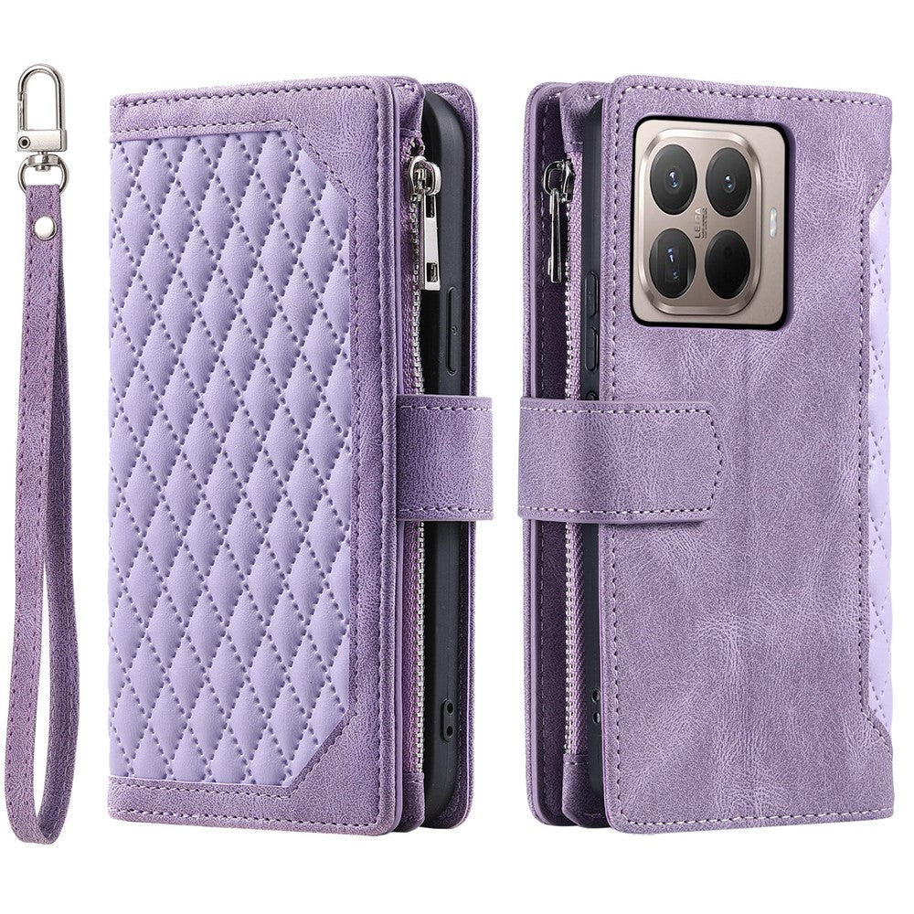 For Xiaomi 17T Pro Wallet Case Rhombus Stitching Line PU Leather Phone Cover with Wrist Strap