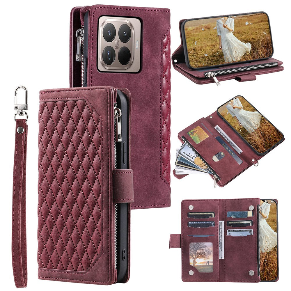For Xiaomi 17T Pro Wallet Case Rhombus Stitching Line PU Leather Phone Cover with Wrist Strap