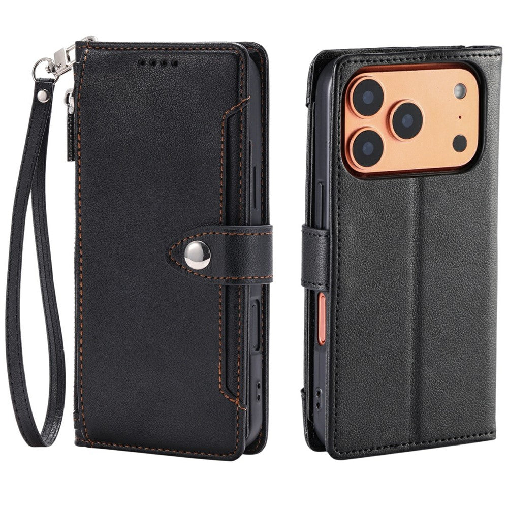 Wallet Case for iPhone 18 Pro / 17 Pro Litchi Texture Zipper Pocket Stand Leather Flip Phone Cover with Wrist Strap