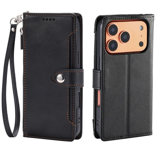 Wallet Case for iPhone 18 Pro / 17 Pro Litchi Texture Zipper Pocket Stand Leather Flip Phone Cover with Wrist Strap