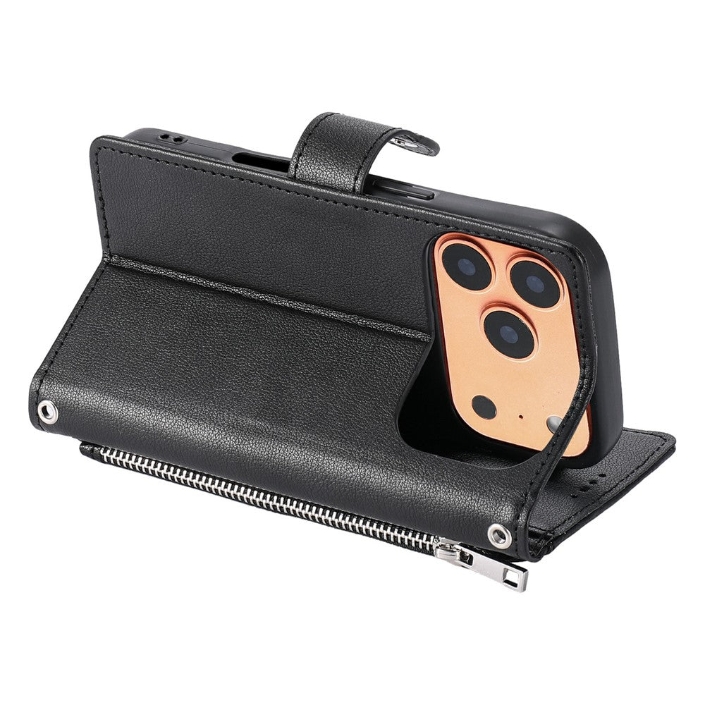 Wallet Case for iPhone 18 Pro / 17 Pro Litchi Texture Zipper Pocket Stand Leather Flip Phone Cover with Wrist Strap