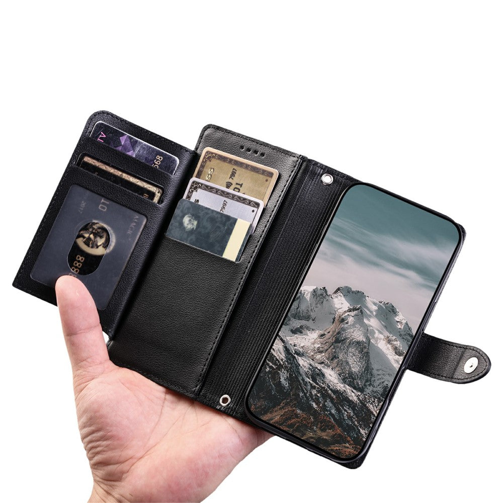 Wallet Case for iPhone 18 Pro / 17 Pro Litchi Texture Zipper Pocket Stand Leather Flip Phone Cover with Wrist Strap