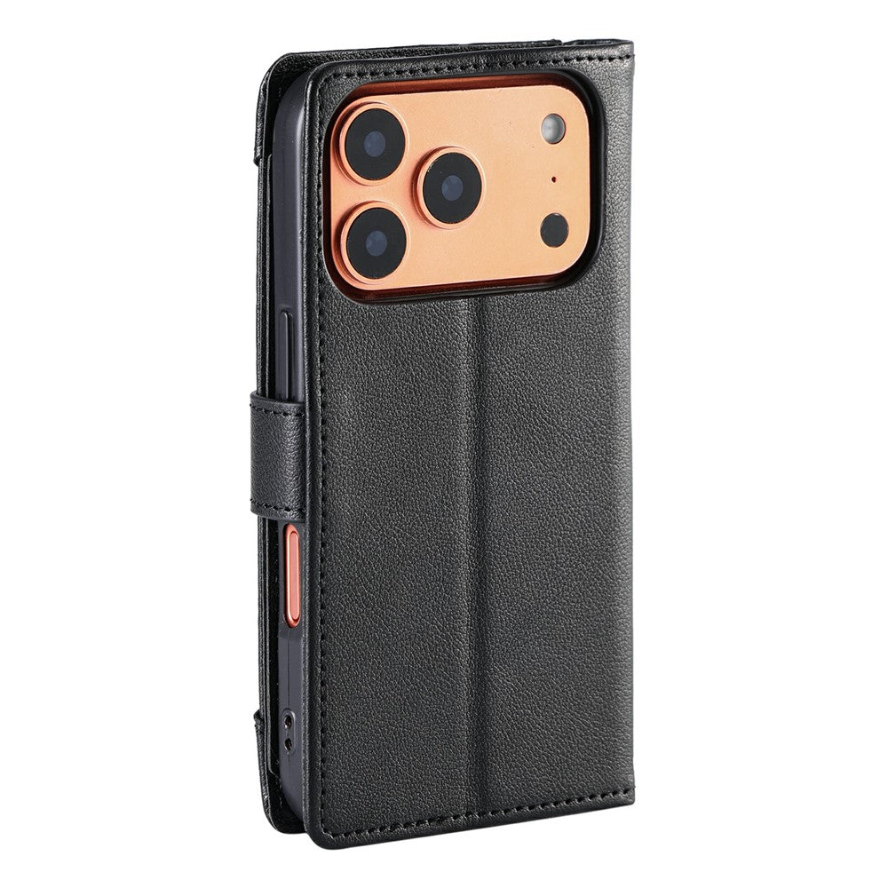 Wallet Case for iPhone 18 Pro / 17 Pro Litchi Texture Zipper Pocket Stand Leather Flip Phone Cover with Wrist Strap