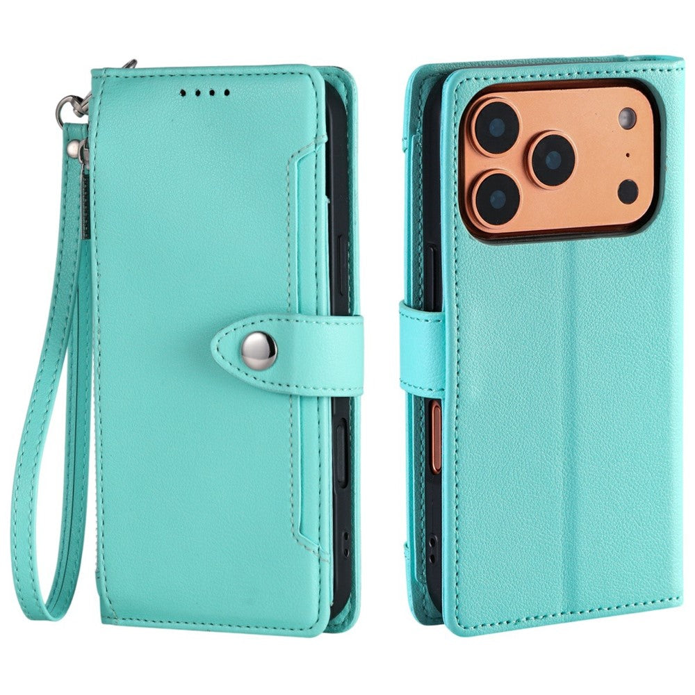 Wallet Case for iPhone 18 Pro / 17 Pro Litchi Texture Zipper Pocket Stand Leather Flip Phone Cover with Wrist Strap