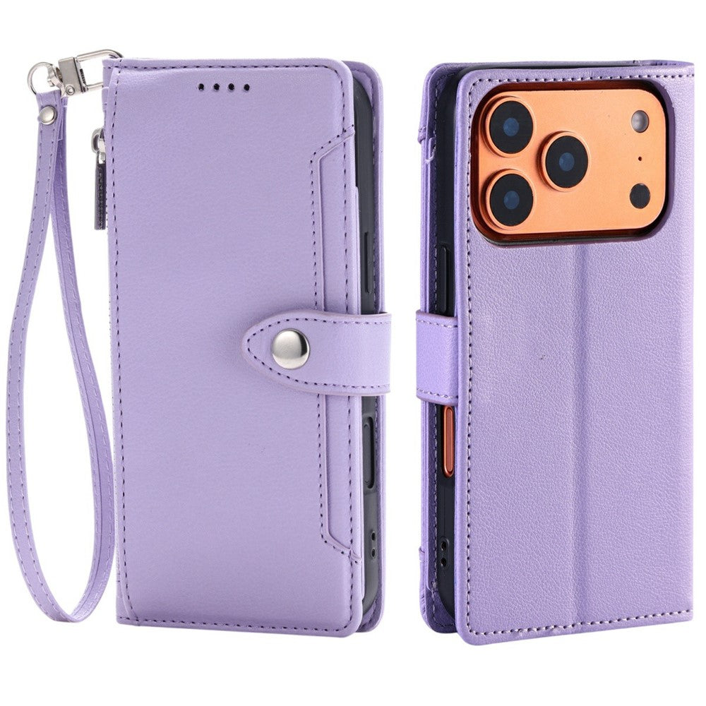 Wallet Case for iPhone 18 Pro / 17 Pro Litchi Texture Zipper Pocket Stand Leather Flip Phone Cover with Wrist Strap