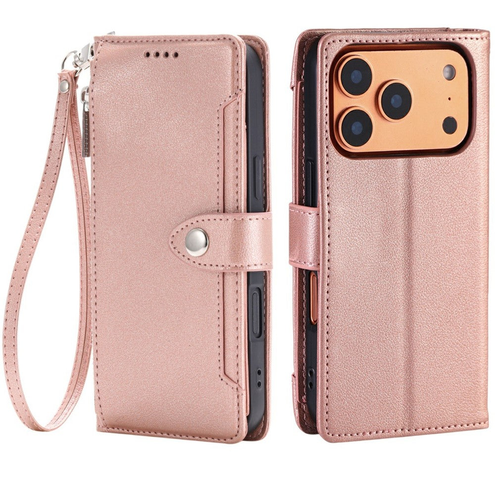 Wallet Case for iPhone 18 Pro / 17 Pro Litchi Texture Zipper Pocket Stand Leather Flip Phone Cover with Wrist Strap