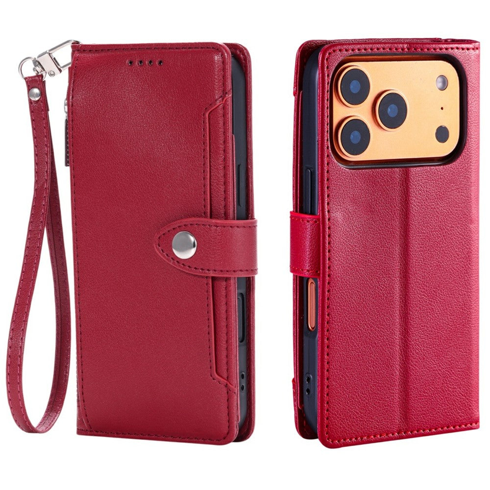 Wallet Case for iPhone 18 Pro / 17 Pro Litchi Texture Zipper Pocket Stand Leather Flip Phone Cover with Wrist Strap