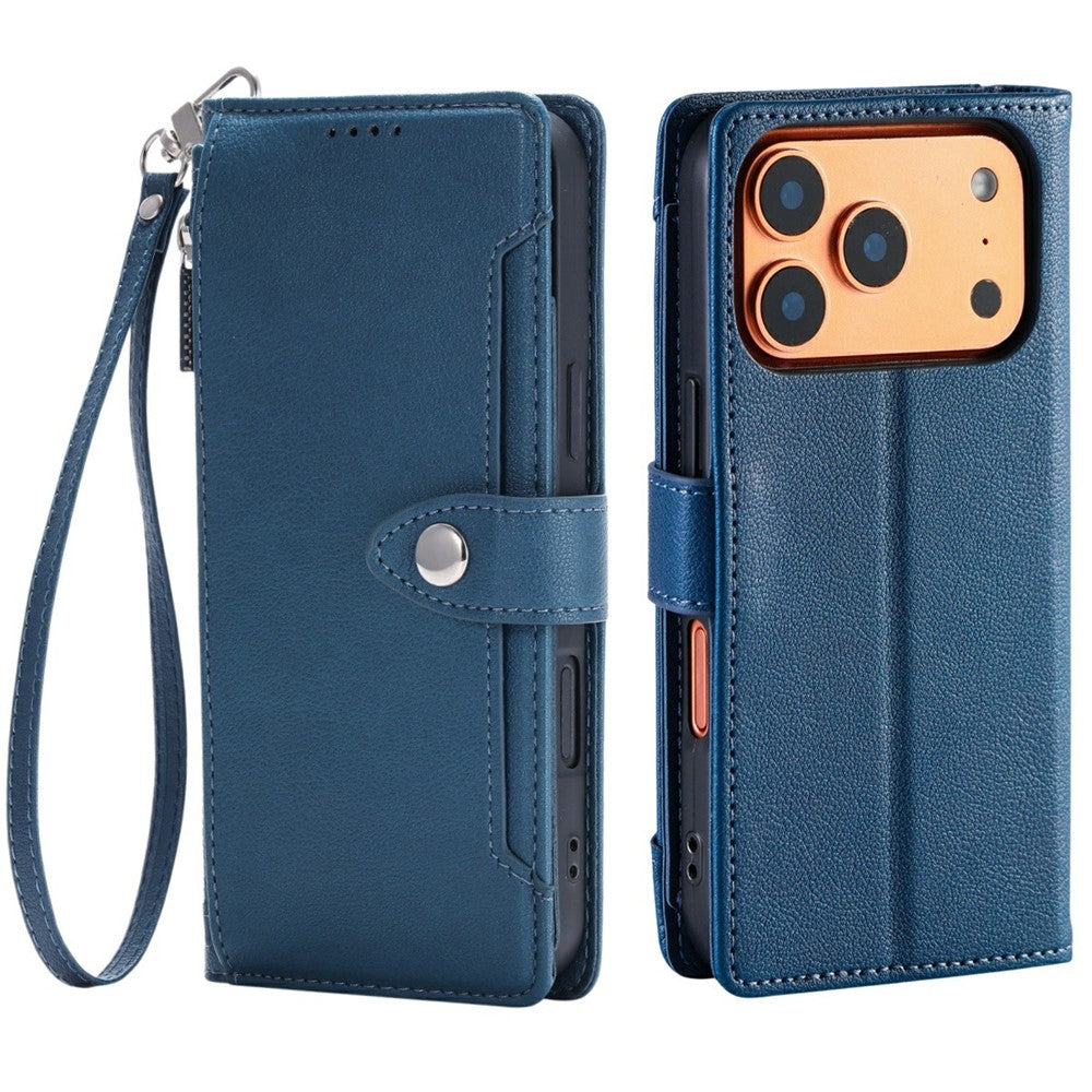 Wallet Case for iPhone 18 Pro / 17 Pro Litchi Texture Zipper Pocket Stand Leather Flip Phone Cover with Wrist Strap