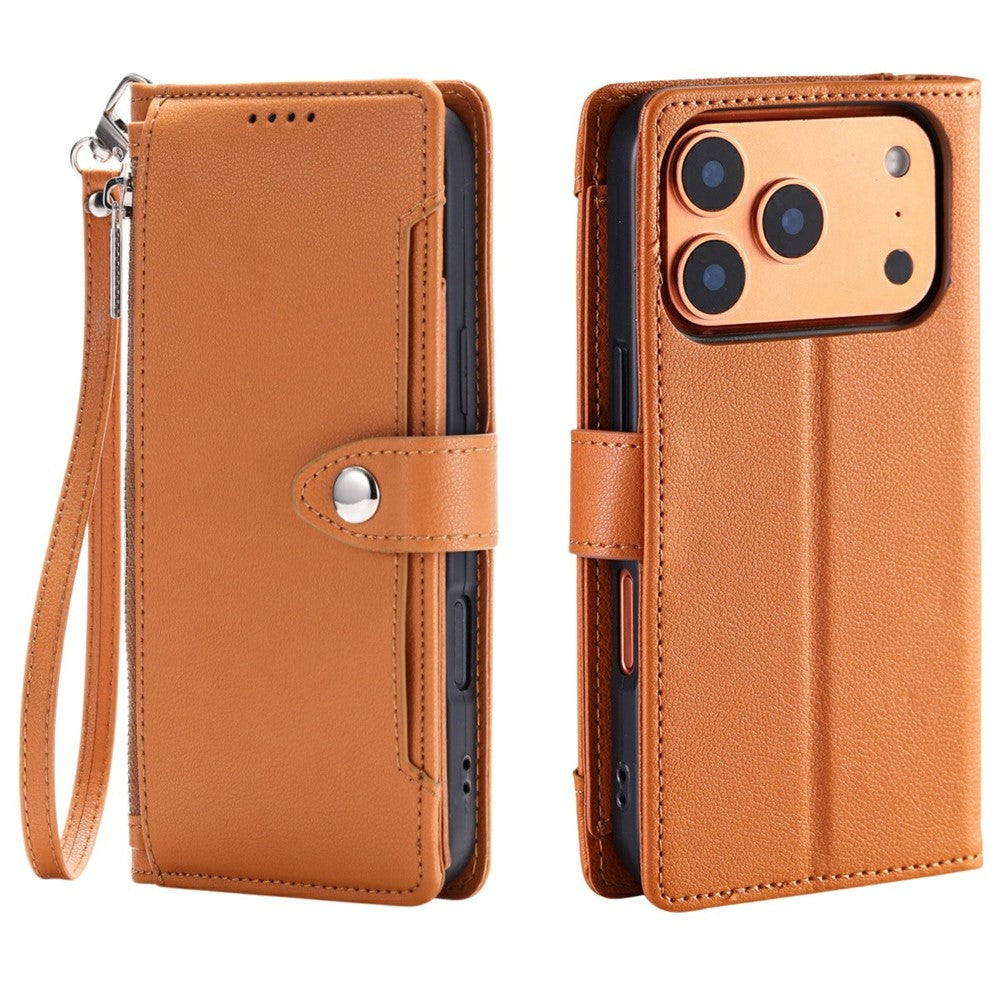 Wallet Case for iPhone 18 Pro / 17 Pro Litchi Texture Zipper Pocket Stand Leather Flip Phone Cover with Wrist Strap
