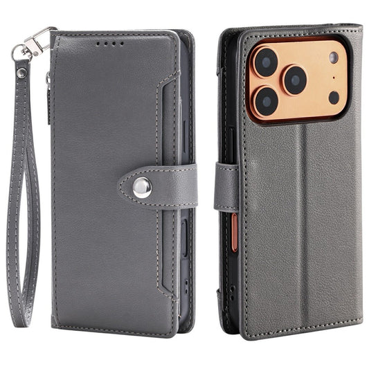 Wallet Case for iPhone 18 Pro / 17 Pro Litchi Texture Zipper Pocket Stand Leather Flip Phone Cover with Wrist Strap