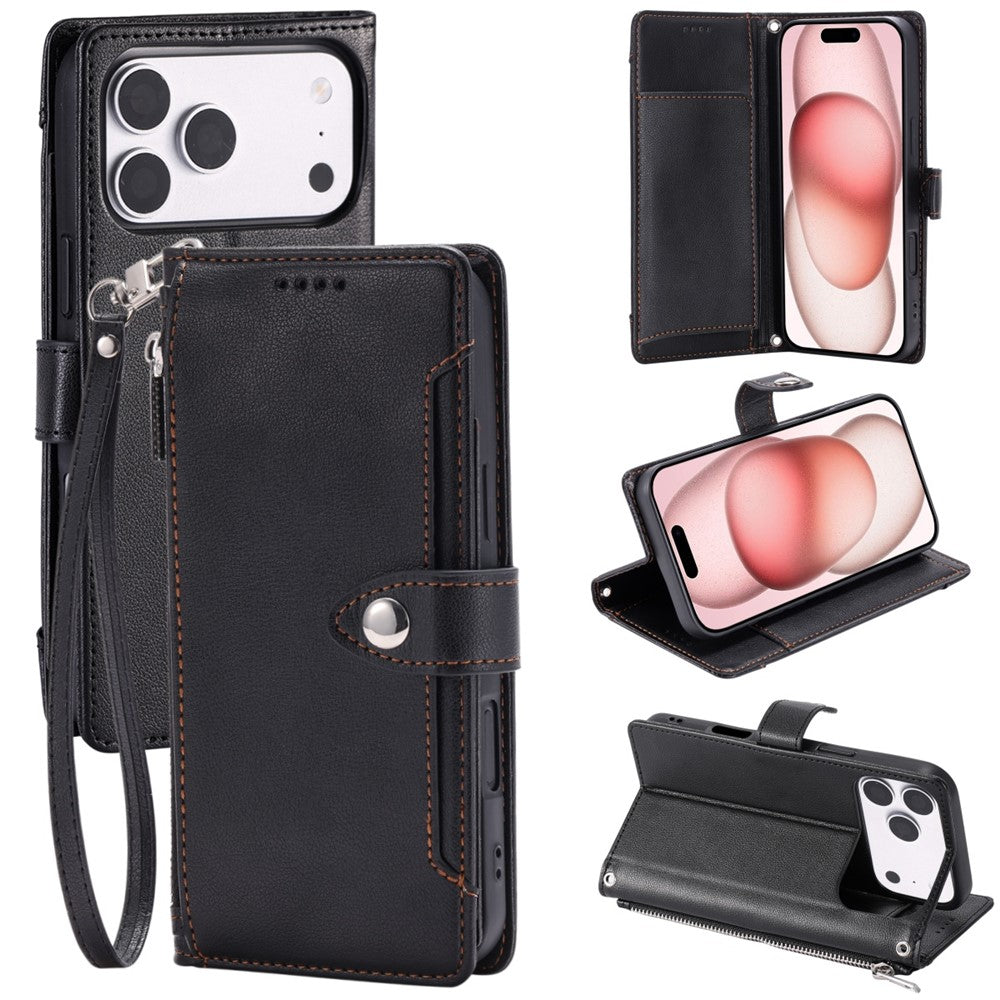 Wallet Case for iPhone 18 Pro Max / 17 Pro Max Litchi Texture Zipper Pocket Stand Leather Flip Phone Cover with Wrist Strap