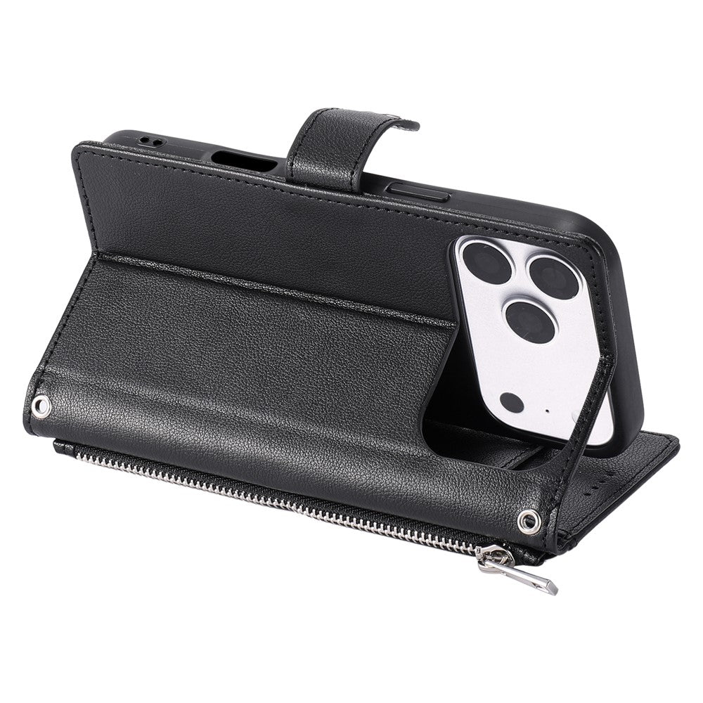 Wallet Case for iPhone 18 Pro Max / 17 Pro Max Litchi Texture Zipper Pocket Stand Leather Flip Phone Cover with Wrist Strap