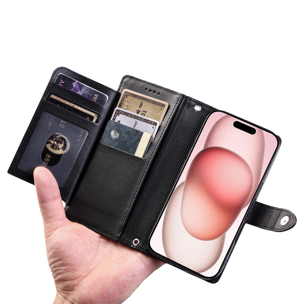 Wallet Case for iPhone 18 Pro Max / 17 Pro Max Litchi Texture Zipper Pocket Stand Leather Flip Phone Cover with Wrist Strap