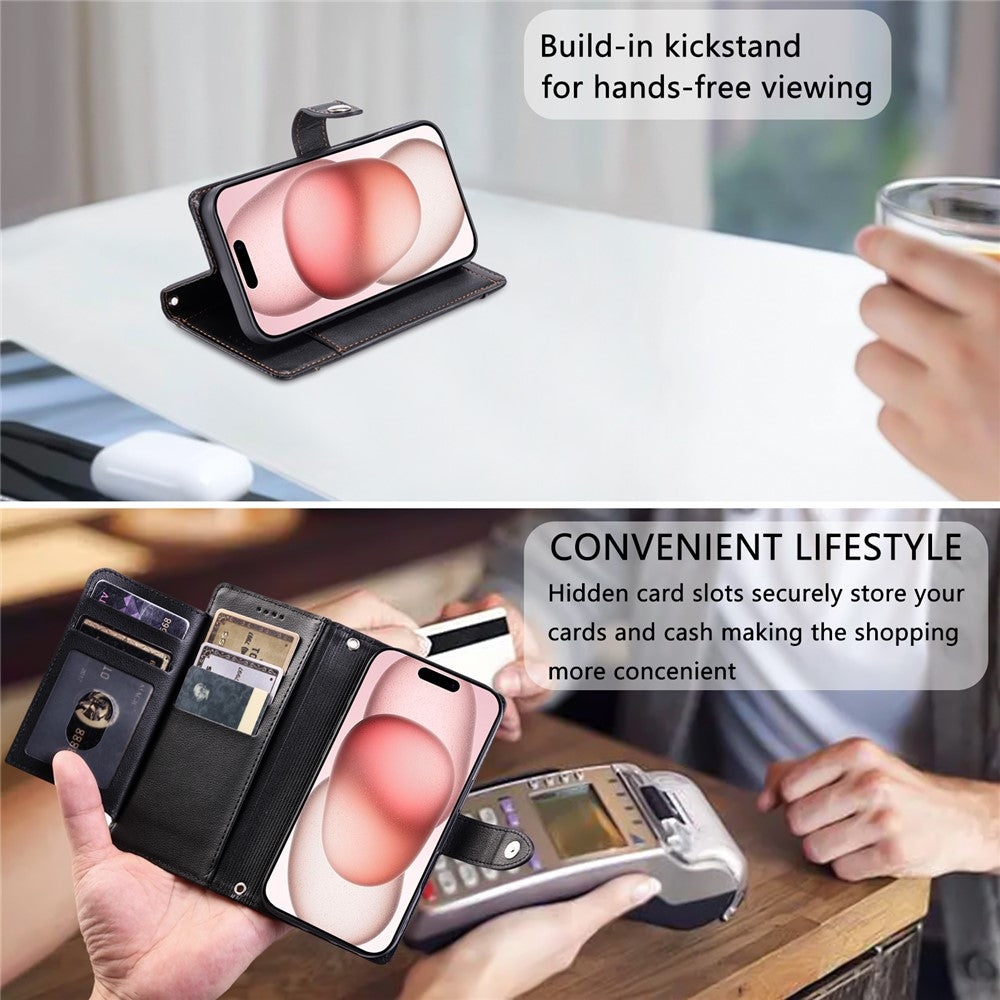 Wallet Case for iPhone 18 Pro Max / 17 Pro Max Litchi Texture Zipper Pocket Stand Leather Flip Phone Cover with Wrist Strap