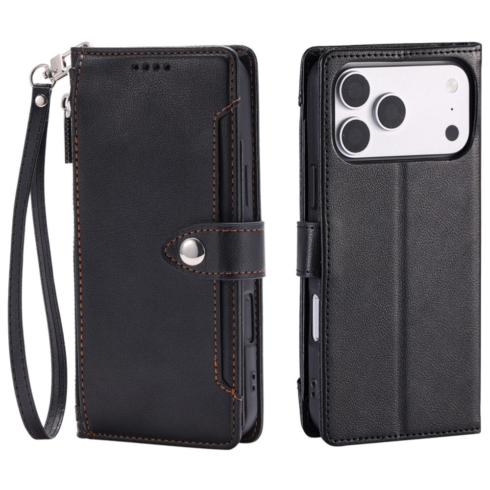 Wallet Case for iPhone 18 Pro Max / 17 Pro Max Litchi Texture Zipper Pocket Stand Leather Flip Phone Cover with Wrist Strap