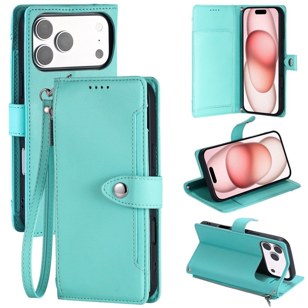 Wallet Case for iPhone 18 Pro Max / 17 Pro Max Litchi Texture Zipper Pocket Stand Leather Flip Phone Cover with Wrist Strap