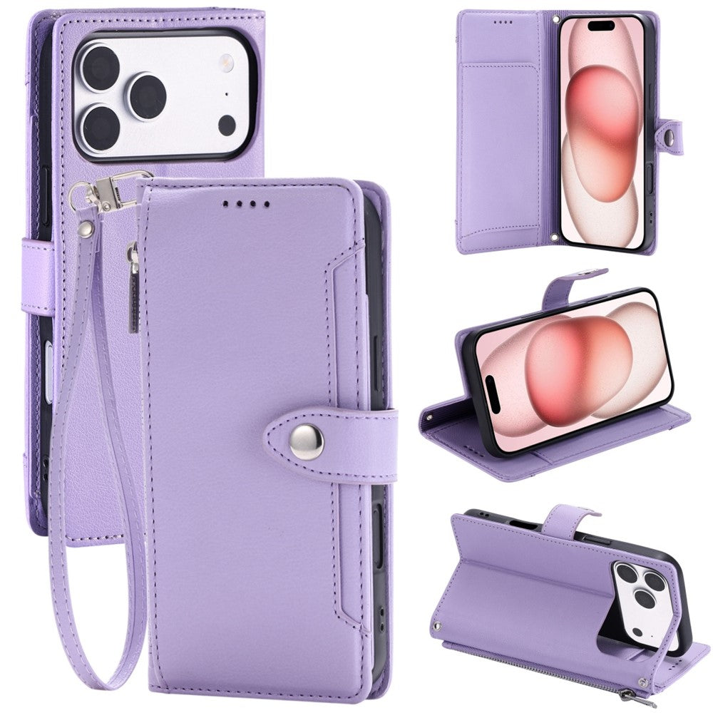 Wallet Case for iPhone 18 Pro Max / 17 Pro Max Litchi Texture Zipper Pocket Stand Leather Flip Phone Cover with Wrist Strap