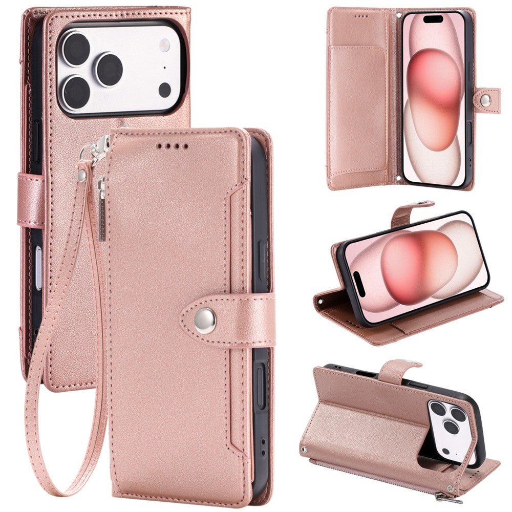 Wallet Case for iPhone 18 Pro Max / 17 Pro Max Litchi Texture Zipper Pocket Stand Leather Flip Phone Cover with Wrist Strap