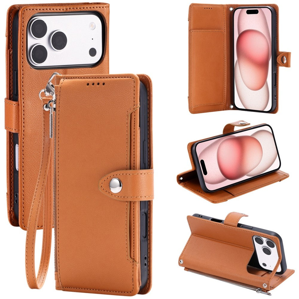 Wallet Case for iPhone 18 Pro Max / 17 Pro Max Litchi Texture Zipper Pocket Stand Leather Flip Phone Cover with Wrist Strap