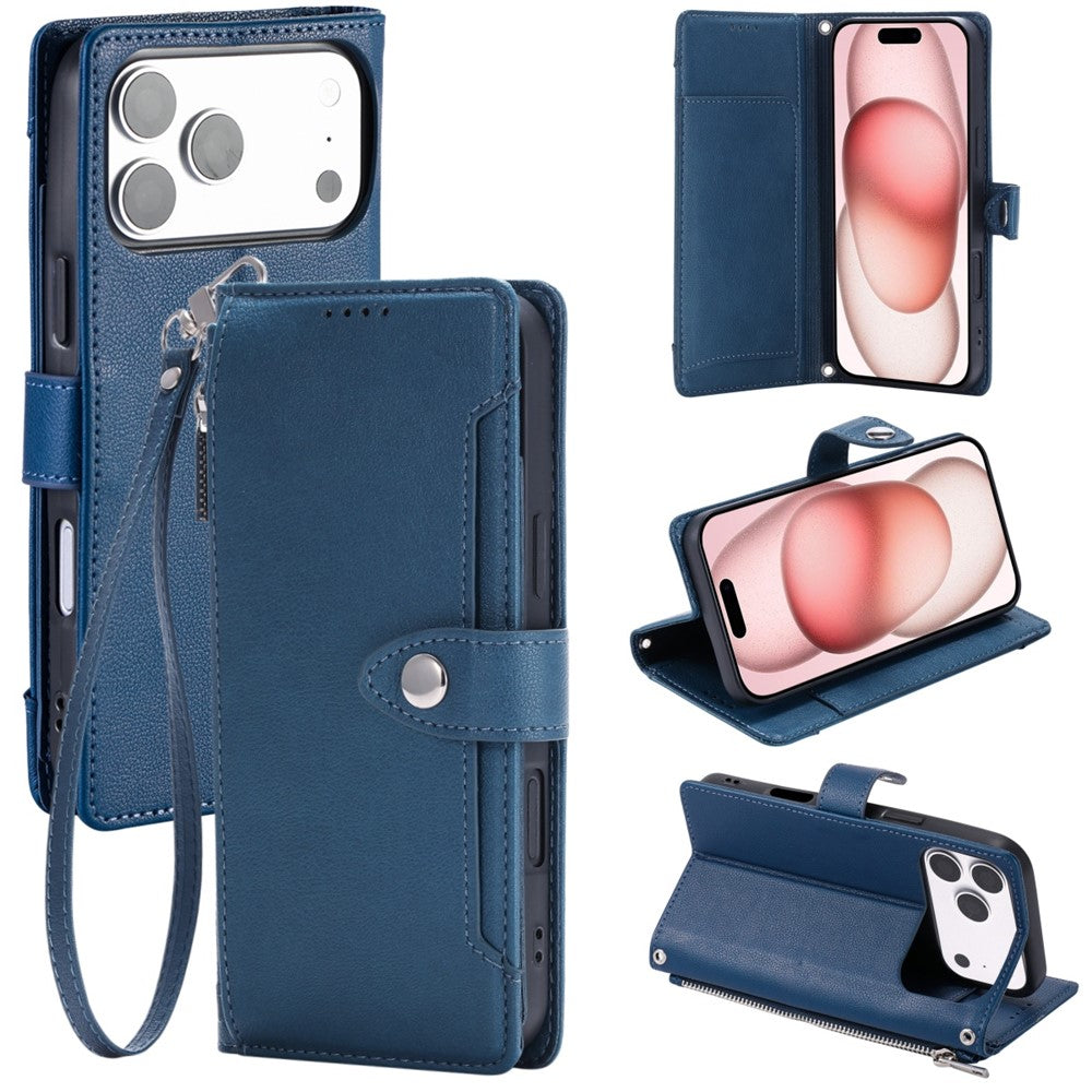 Wallet Case for iPhone 18 Pro Max / 17 Pro Max Litchi Texture Zipper Pocket Stand Leather Flip Phone Cover with Wrist Strap