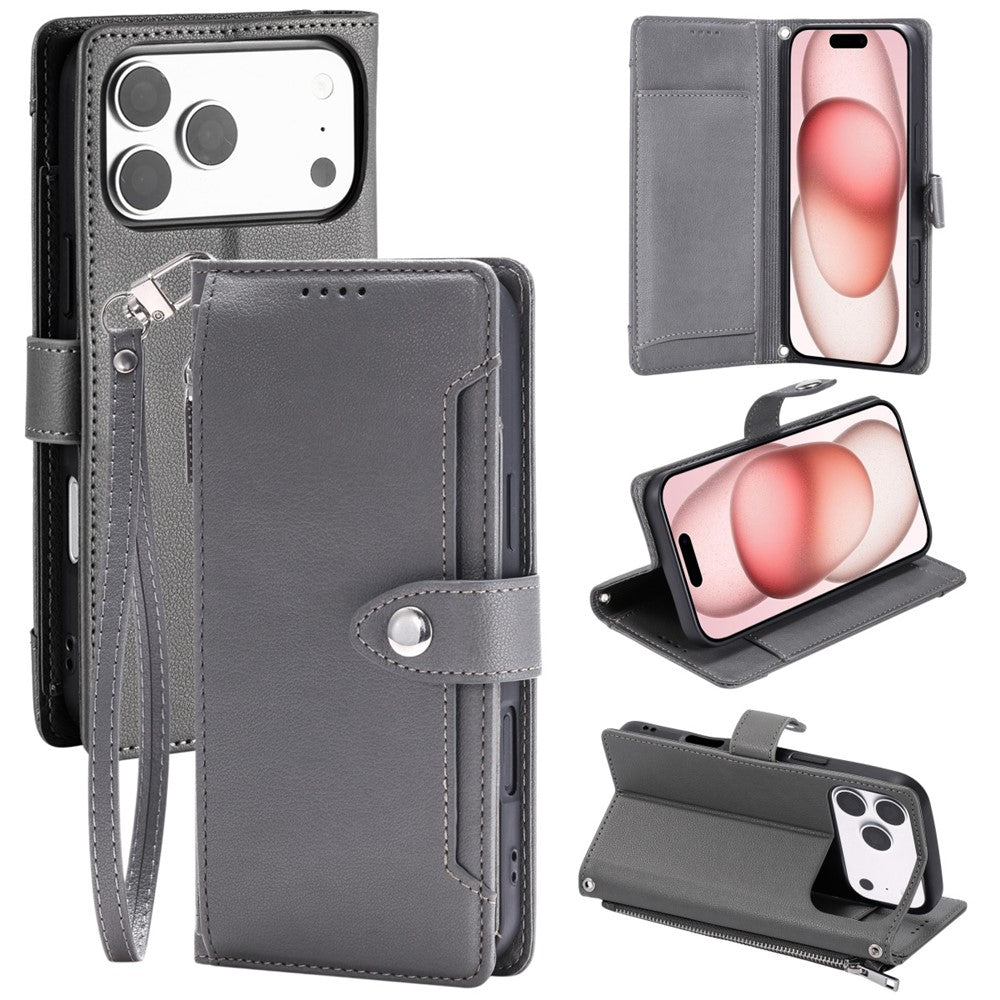 Wallet Case for iPhone 18 Pro Max / 17 Pro Max Litchi Texture Zipper Pocket Stand Leather Flip Phone Cover with Wrist Strap