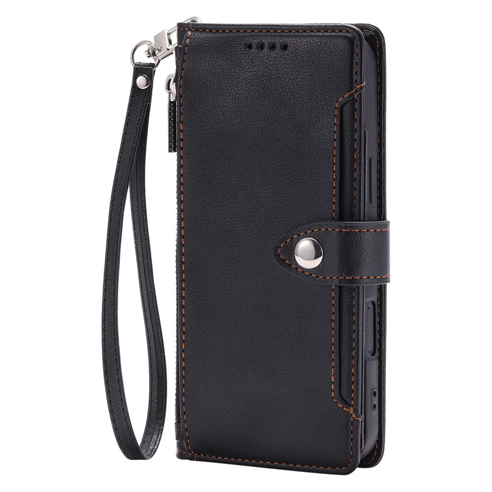 Wallet Case for Google Pixel 10a Litchi Texture Zipper Pocket Stand Leather Flip Phone Cover with Wrist Strap