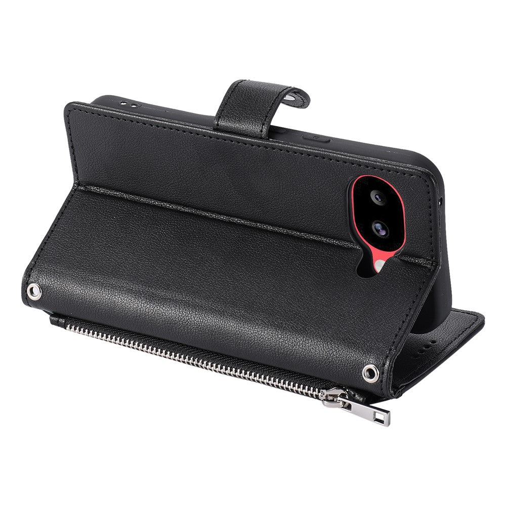 Wallet Case for Google Pixel 10a Litchi Texture Zipper Pocket Stand Leather Flip Phone Cover with Wrist Strap