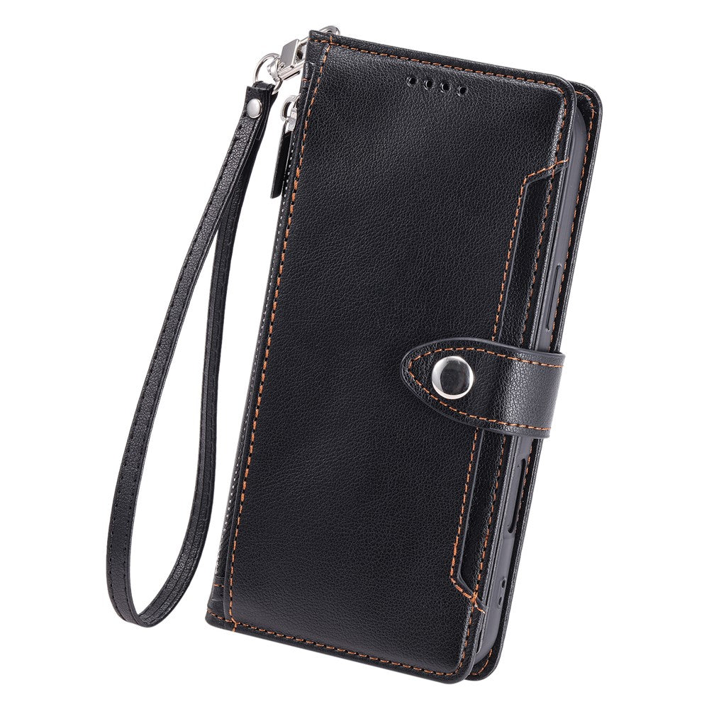 Wallet Case for Google Pixel 10a Litchi Texture Zipper Pocket Stand Leather Flip Phone Cover with Wrist Strap
