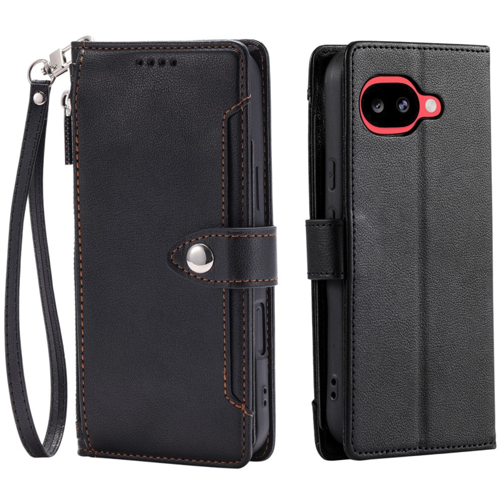 Wallet Case for Google Pixel 10a Litchi Texture Zipper Pocket Stand Leather Flip Phone Cover with Wrist Strap