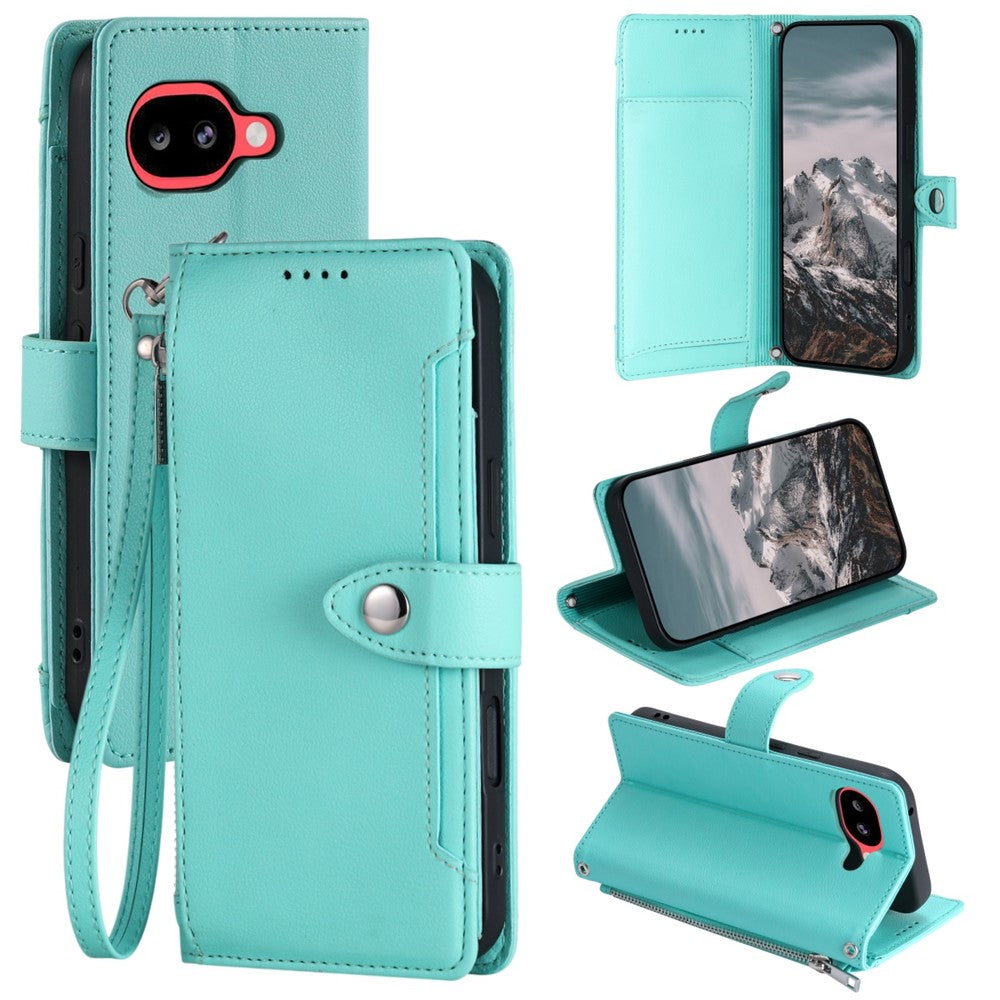 Wallet Case for Google Pixel 10a Litchi Texture Zipper Pocket Stand Leather Flip Phone Cover with Wrist Strap