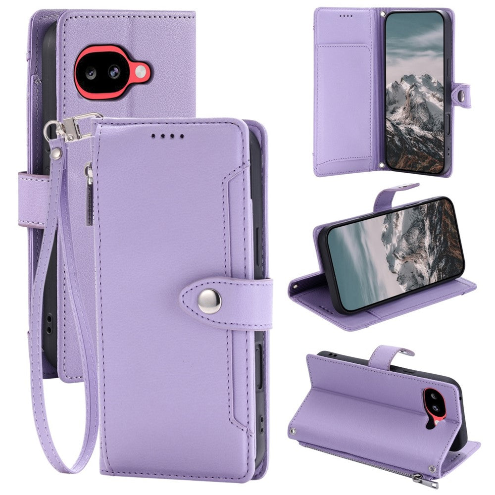 Wallet Case for Google Pixel 10a Litchi Texture Zipper Pocket Stand Leather Flip Phone Cover with Wrist Strap