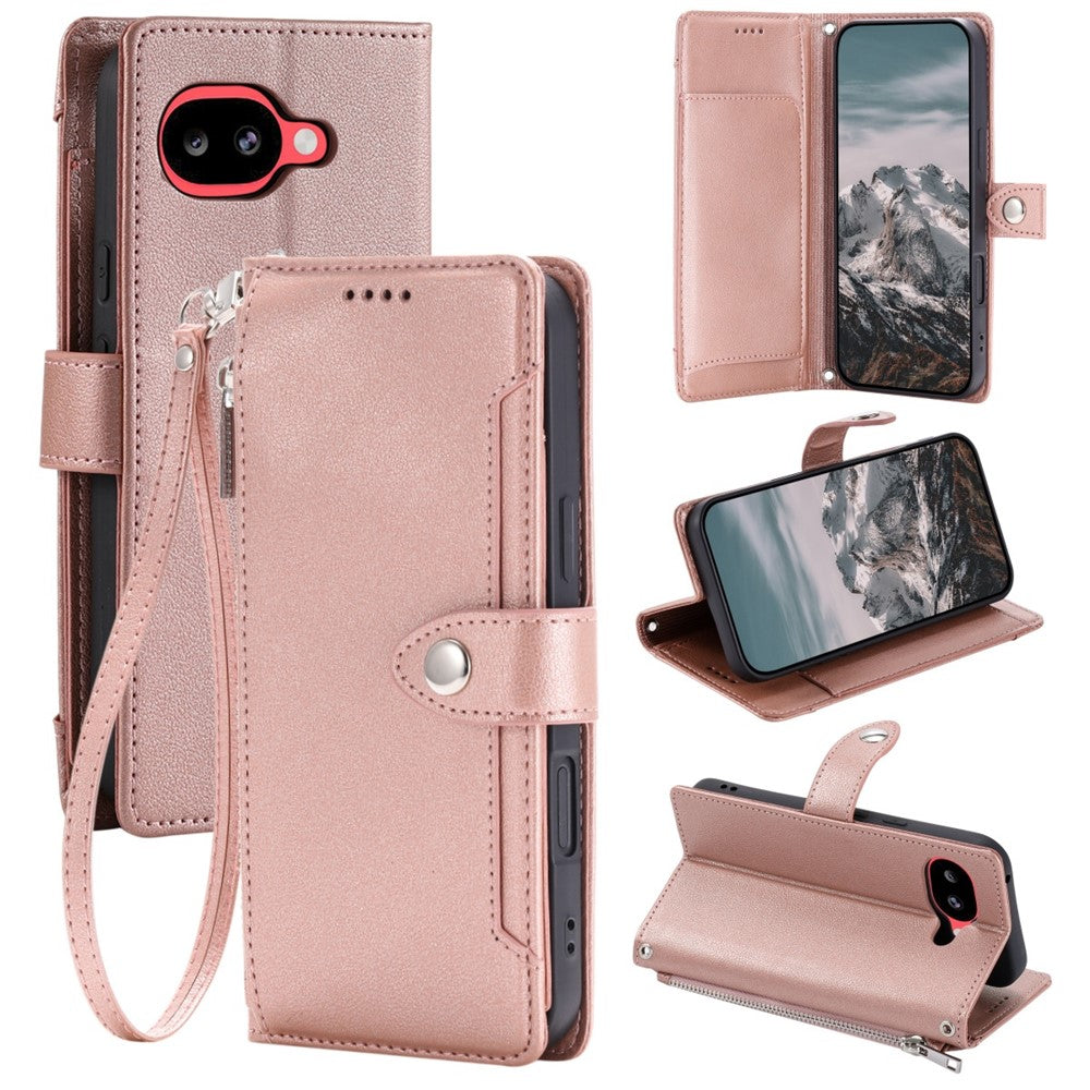 Wallet Case for Google Pixel 10a Litchi Texture Zipper Pocket Stand Leather Flip Phone Cover with Wrist Strap