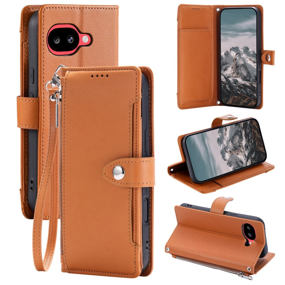 Wallet Case for Google Pixel 10a Litchi Texture Zipper Pocket Stand Leather Flip Phone Cover with Wrist Strap